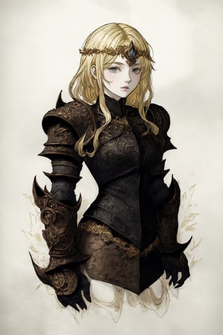 Create a sketch in a Sketchbook Style on paper, depicting a noble female knight with flowing blonde hair. She wears intricately designed armor adorned with a glossy fleur de lis symbol, showcasing her noble heritage. The sketch should blend bold dark lines and loose lines to emphasize the armor's detail and her strong posture. Render the image in 4k resolution, focusing on achieving a sharp, high-quality depiction of the knight and the fleur de lis symbol on her armor.