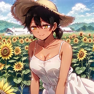 1 girl, (white dress, summer dress, camisole: 1.6), black hair, floating hair, tight hair, sunflower, outdoors, wind turbine, happy, sun hat, depth of field