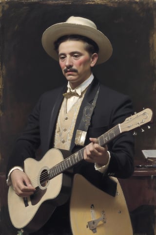 man in bright Mexican regional costume playing guitar with a microphone, hat and black color mariachi costume, masterpiece, classic oil painting style
