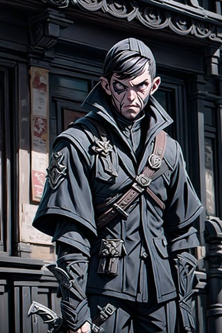 Dishonored 2 game, drawing of the character of Corvo, holding his sword, and wearing his mask, in the city, art