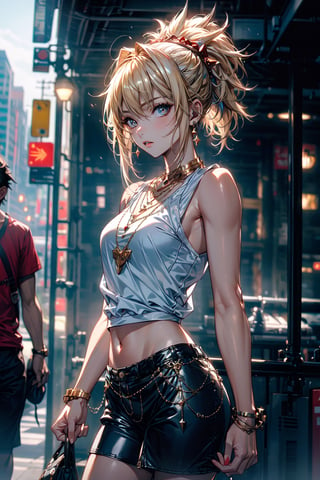 (masterpiece:1.4), (best quality:1.4), realistic, 1girl,  Mordred pendragon \(fate\), shorts, sleeveless shirt, city, necklace,