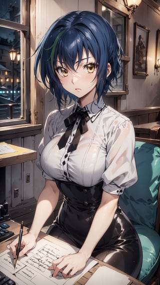 a beautiful girl, xenovia quarta, {masutepiece}, ((Best quality)), high resolution, {{Ultra-detailed}}, {extremely detailed CG}, {8k wallpaper}, kawaii, anime, Literary cafe, Write poetry, Rainy night, Old typewriter, Cafe customers chatting, Window with raindrops, Warm lighting of chandeliers, Focus on your poetic inspiration, Texture of aged paper, Creative mood, Retro style dress, Hair tied with a ribbon.,xenovia quarta