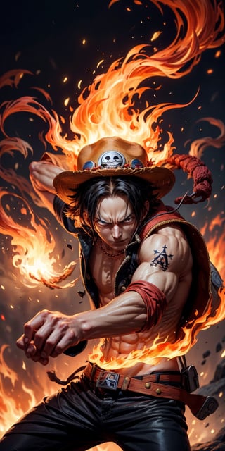 Create the iconic One Piece character, Portgas D. Ace:

"Visualize the legendary Portgas D. Ace, a prominent character from the One Piece anime. He possesses a lithe and muscular physique, reflecting his formidable strength.

Ace is clad in his signature attire, wearing a stylish hat that adds to his iconic appearance. His defining ability is his mastery over fire, and his hands should be ablaze with flickering flames, showcasing his power to manipulate fire at will.

Set him against a background of raging fire, with flames dancing in the backdrop, creating an inferno-like atmosphere. The flames should emphasize his fiery abilities and his unwavering resolve.

Capture this image to pay homage to Portgas D. Ace's character, showcasing his powerful presence and his association with the element of fire, a central theme in his story arc within the One Piece series." ((Perfect face)), ((perfect hands)), ((perfect body)), [perfect image of Portgas D. Ace(one piece anime character)]