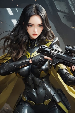 score_9, score_8_up, score_7_up, stellar_blade_tachy, a stunningly glamorous 17 year old girl, in a war zone, trench, close up, perfect busty model body, green eyes, long black hair, balayage hair, gloves, two-tone green and black armor, combat suit with external skeleton design, pencil drawing, masterpiece, best quality, official art, beauty & aesthetics, IncrsNikkeProfile, zoom cape, holding a gun, holding a gun, one knee,Expressiveh