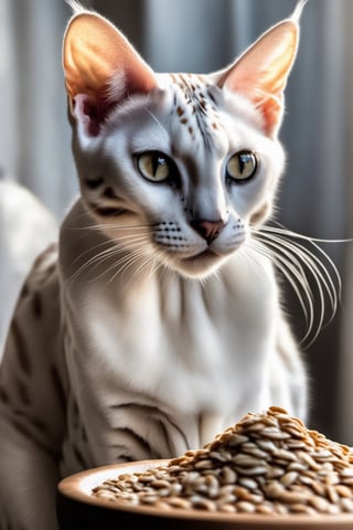 a white Bengal cat sitting on a Oats surface,  oats background, white, Bengal cat, Scent Oats, cat sitting in a surface, a handsome, Bengal cat, proud looking, thick, sitting down casually, full body, light-toned product photos, light and moody aesthetic, ligtht moody monochrome colors, oats skin, oats design, oats flavour, dark themed, oats color palate, oats moody colors,many oats desserts, many oats,