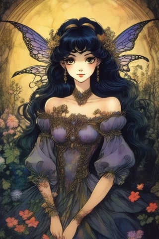 (Best quality) (masterpiece) A beautiful (dark) fairy portrait scene in the 1990 anime show, dark fantasy, vintage anime (1990s anime) , retro anime, fairytale, Classic fairytale, dark fairytale , ominous background ,Magical Fantasy style,pencil sketch