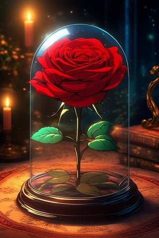 (Best quality) (masterpiece) A beautiful red rose in a glass dome scene in the 1990 anime show, 1990 anime, retro anime, fairytale, Classic fairytale, dark fairytale , ominous background 