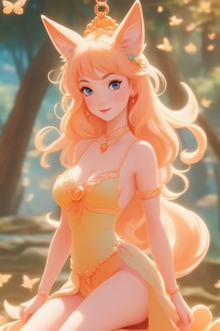 A beautiful sexy nymph full body shot in 1990 anime style by Disney, retro anime,  medieval fantasy, vintage anime, fairytale, magical, dreamy, royalty, flat colors ,Beautiful girl , sexy girl ,Flat Design,dfdd,Magical Fantasy style,2d_animated,6000, amazing background ,1girl,Spirit Fox Pendant