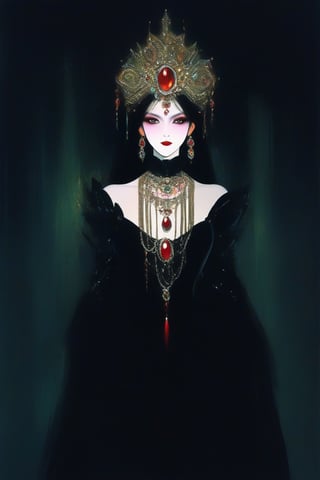A 1980 Anime still frame of a beautiful and sexy vampire queen with exotic gothic jewelry in a dark studio ghibli style, extremely delicate and pretty female face, avant garde, dark steampunk, dark fantasy, dark fairytale, creative pose and costume design inspired by gothic aesthetic, dramatic lighting, ,ghibli