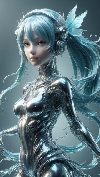 scifi, metallic , chrome ,metal skin, colored skin, silver skin, 1girl, flying fairy , glowing eyes, hatsune miku