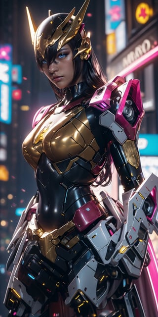 Realistic image of a Superhero, supermodel, black short hair, blue eyes, wearing high-tech cyberpunk style blue and yellow Batgirl suit, radiant Glow, metallic suit, mecha, high-tech suit with weapons, neon lit futuristic city streets, mecha