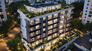 photoreal,realistic, viewed from a height, ((at night)), a modern expensive condominium apartment complex in the city, elegant and sophisticated, crisp white and soothing gray exterior walls, lush greenery surrounds the property, (( Luxurious rooms are visible through Large windows )), vivid colors,high detailed,masterpiece, 4k,more detail XL
