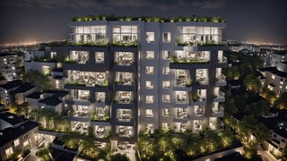 photoreal,realistic, viewed from a height, ((at night)), a modern expensive condominium apartment complex in the city, elegant and sophisticated, crisp white and soothing gray exterior walls, lush greenery surrounds the property, (( Luxurious rooms visible through Large windows )), full of people,  vivid colors,high detailed,masterpiece, 4k,more detail XL