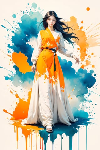 extreme detailed, (masterpiece), (top quality), (best quality), (official art), (beautiful and aesthetic:1.2), (stylish pose), (1 woman), (colorful), (orange-white theme: 1.5), ppcp, medium length skirt, 	looking into distance, long wave black hair, 
perfect,ChineseWatercolorPainting,Chromaspots
