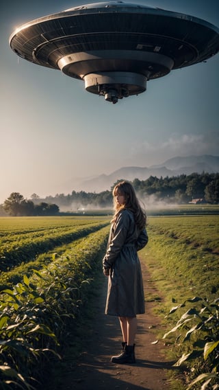 A full body shot of a farmer standing on a cornfield, a UFO is hovering in the background, blue hour, mist, windy, cinematic, masterpiece, best quality, high resolution