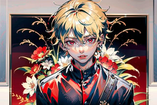 (top-quality:1.4,8K Super Detail CG Wallpapers),(cute young man,very short blond,sharp red eyes, strongly intimidate:1.2),katsuki bakugou,white  shirt,looking down,Black suit,with floral pattern,over the shoulder view,piercings,The background is in a dark room