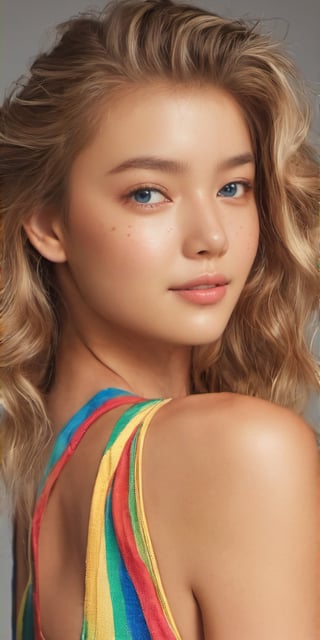 (glamour:1.3) photo of a beautiful (happy) young woman with messy_ponytail, sexy_feminine bodyfigure, model posing on a studio, BREAK wearing Rainbow-themed t-shirt with colorful stripes or arcs, (blush, blemishes:0.6), (goosebumps:0.5), subsurface scattering, sexy_jawline, expressive_face, detailed skin texture, (photorealistic:1.3), textured skin, realistic dull skin noise, visible skin detail, skin fuzz, remarkable color, photo r3al, aesthetic portrait, (upper_body from hips framing:1.2), rule_of_thirds, Fujicolor_Pro_Film,