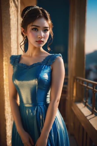 (glamour photography) photo of a gravure model in her 20s wearing blue dress, FilmGirl, (jawline:1.2), (blush:0.9), (goosebumps:0.5), {ponytail|long wavy hair}, textured skin, remarkable detailed pupils, realistic dull skin noise, visible skin detail, skin fuzz, dry skin, perfect body, (voluptuous:1.4), (petite:1.2), beautiful, masterpiece, hi-res, hdr, 8k, remarkable color, ultra realistic, (pretend to be a goddess imposing her beauty:1.4), (upper body from waist framing:1.6), (dfdd balcony:1.2), golden hour lighting, (ray tracing:1.2), subsurface scattering, {from above|from bottom}, shot on Pentax 645Z, RAW photo shot, Fujicolor Pro film