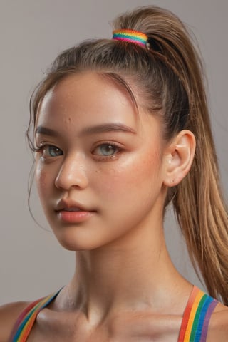 (glamour:1.3) photo of a beautiful (happy) young woman with messy_ponytail, sexy_feminine bodyfigure, model posing on a studio, BREAK wearing Rainbow-themed t-shirt with colorful stripes or arcs, (blush, blemishes:0.6), (goosebumps:0.5), subsurface scattering, sexy_jawline, expressive_face, detailed skin texture, (photorealistic:1.3), textured skin, realistic dull skin noise, visible skin detail, skin fuzz, remarkable color, photo r3al, aesthetic portrait, (upper_body from hips framing:1.2), rule_of_thirds, Fujicolor_Pro_Film,