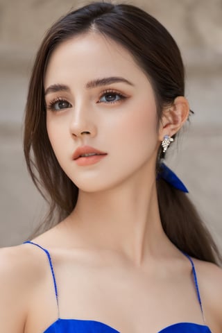 (glamour photography) photo of a gravure model in her 20s wearing blue dress, FilmGirl, (jawline:1.2), (blush:0.9), (goosebumps:0.5), {ponytail|long wavy hair}, textured skin, remarkable detailed pupils, realistic dull skin noise, visible skin detail, skin fuzz, dry skin, perfect body, (voluptuous:1.4), (petite:1.2), beautiful, masterpiece, hi-res, hdr, 8k, remarkable color, ultra realistic, (pretend to be a goddess imposing her beauty:1.4), (upper body from waist framing:1.6), (dfdd balcony:1.2), golden hour lighting, (ray tracing:1.2), subsurface scattering, {from above|from bottom}, shot on Pentax 645Z, RAW photo shot, Fujicolor Pro film