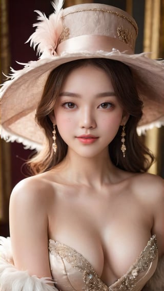 (glamour:1.3) photo of a beautiful (happy) young woman with clean_bobcut and visible collarbone, sexy_feminine bodyfigure, (gravure posing on a living room), BREAK wearing The Moulin Rouge Marquise: An opulent gown with a corseted bodice, ruffled tiers of fabric, and a grand feathered hat, exuding aristocratic glamour, (blush, blemishes:0.6), (goosebumps:0.5), subsurface scattering, 1girl, expressive_face, detailed skin texture, (photorealistic:1.3), textured skin, realistic dull skin noise, visible skin detail, skin fuzz, remarkable color, photo r3al, aesthetic portrait, (upper_body from hips framing:1.3), rule_of_thirds, Fujicolor_Pro_Film,