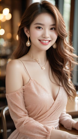 (glamour:1.3) photo of a beautiful smiling (young) woman\(girlfriend\) with messy_hair, sexy_feminine bodyfigure, (having a date on a restaurant:1.3), BREAK wearing elegant_dress in a vibrant color, long_sleeves, exposed_shoulder, mini_skirt, jewelries, BREAK (realistic_skin, photorealistic:1.3), glowy_skin, remarkable color, photo r3al, (upper_body from hips framing:1.3), soft_bounced_lighting, rule_of_thirds, 50mm lens, Fujicolor_Pro_Film,