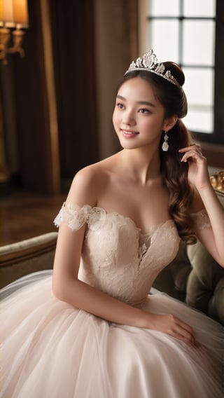 (glamour:1.3) photo of a beautiful (happy, teenage) woman with half_ponytail and visible collarbone, sexy_feminine bodyfigure, (gravure posing on a living room), BREAK wearing The Parisian Princess: A romantic off-the-shoulder ball gown with layers of tulle and delicate lace accents, finished with a tiara and satin gloves, BREAK realistic_skin, (photorealistic:1.3), remarkable color, photo r3al, (upper_body from hips framing:1.3), cinematic_lighting, rule_of_thirds, 50mm lens, Fujicolor_Pro_Film,