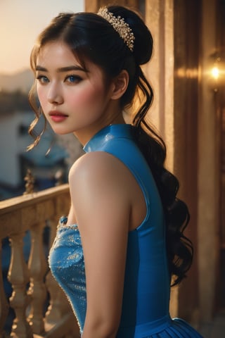 (glamour photography) photo of a gravure model in her 20s wearing blue dress, FilmGirl, (jawline:1.2), (blush:0.9), (goosebumps:0.5), {ponytail|long wavy hair}, textured skin, remarkable detailed pupils, realistic dull skin noise, visible skin detail, skin fuzz, dry skin, perfect body, (voluptuous:1.4), (petite:1.2), beautiful, masterpiece, hi-res, hdr, 8k, remarkable color, ultra realistic, (pretend to be a goddess imposing her beauty:1.4), (upper body from waist framing:1.6), (dfdd balcony:1.2), golden hour lighting, (ray tracing:1.2), subsurface scattering, {from above|from bottom}, shot on Pentax 645Z, RAW photo shot, Fujicolor Pro film