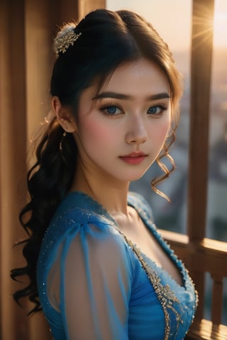 (glamour photography) photo of a gravure model in her 20s wearing blue dress, FilmGirl, (jawline:1.2), (blush:0.9), (goosebumps:0.5), {ponytail|long wavy hair}, textured skin, remarkable detailed pupils, realistic dull skin noise, visible skin detail, skin fuzz, dry skin, perfect body, (voluptuous:1.4), (petite:1.2), beautiful, masterpiece, hi-res, hdr, 8k, remarkable color, ultra realistic, (pretend to be a goddess imposing her beauty:1.4), (upper body from waist framing:1.6), (dfdd balcony:1.2), golden hour lighting, (ray tracing:1.2), subsurface scattering, {from above|from bottom}, shot on Pentax 645Z, RAW photo shot, Fujicolor Pro film