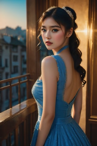 (glamour photography) photo of a gravure model in her 20s wearing blue dress, FilmGirl, (jawline:1.2), (blush:0.9), (goosebumps:0.5), {ponytail|long wavy hair}, textured skin, remarkable detailed pupils, realistic dull skin noise, visible skin detail, skin fuzz, dry skin, perfect body, (voluptuous:1.4), (petite:1.2), beautiful, masterpiece, hi-res, hdr, 8k, remarkable color, ultra realistic, (pretend to be a goddess imposing her beauty:1.4), (upper body from waist framing:1.6), (dfdd balcony:1.2), golden hour lighting, (ray tracing:1.2), subsurface scattering, {from above|from bottom}, shot on Pentax 645Z, RAW photo shot, Fujicolor Pro film