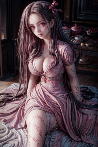 Erotic image of nude girl sitting on the bed, nezuko with black hair, forehead, Hair ribbon, long hair, multicolored hair, pink eyes, big_eyes, round_eyes, pink ribbon, ribbon, smile, very long hair, sky, The medium should be digital photography, capturing the photorealistic detail and texture of the oil painting. The composition should be a close-up shot, taken with a high-resolution 16k camera, using a 50mm lens for a sharp focus on the redhead, Miki Asai Macro photography, close-up, hyper detailed, trending on artstation, sharp focus, studio photo, intricate details, highly detailed, by greg rutkowski,renaissance, longhair, very_bigeyes, very_long_hair,NSFW,pussy, pink_eyes, black-hair,Kamado_Nezuko, big_eyes, midnight,huge_boobs, cinematic, transparent_dress,