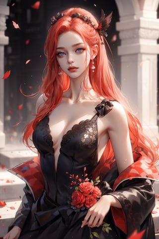 (asterpiece:1.2, best quality), (Soft light), (shiny skin), 1people,  ginger_hair, long_hair, hateful look, ball party, ball room, ballgown, eye_lashes, collarbone, victorian, blue eyes, red_long_ hair_girl, crowed, ball party, red and black dress, dancing, standing, holding campaigne, flowers petals,weiboZH,hll