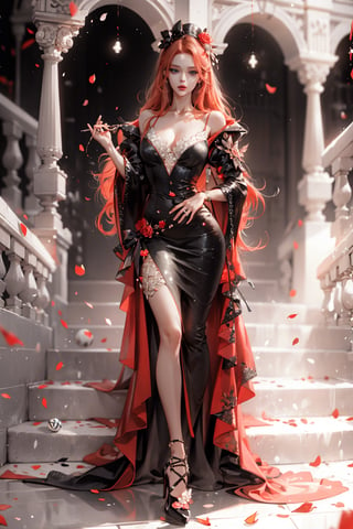 (asterpiece:1.2, best quality), (Soft light), (shiny skin),  ginger_hair, long_hair, hateful look,long dress, ball party, ball room, ballgown, eye_lashes, collarbone, victorian, blue eyes, red_long_ hair_girl, crowed, ball party, red and black dress, dancing, standing, holding campaigne, flowers petals,weiboZH,hll