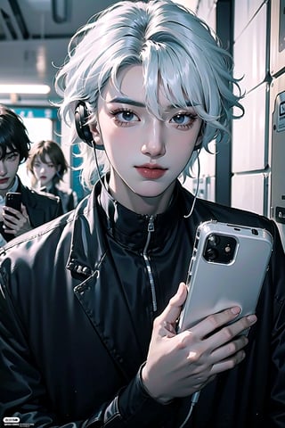 a boy, semi realism, black hair, eyelashes, silver eyes, looking at the camera, half body, fierce look, 8K, HD, holding a phone, using headset, at the subways, windy hairs, hair detailed, smirk, effect,Detailedface,weiboZH