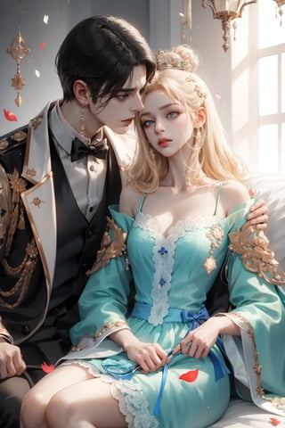 (asterpiece:1.2, best quality), (Soft light), (shiny skin), duo, kissing, 2person, couple_(romantic), man_short_black_hair, black_hair_boy, Black_hair, hateful look, 1man, 1girl, eye_lashes, collarbone, victorian, blue eyes, blonde_long_ hair_girl, black_short_hair_man, royalty background, sexual, flowers petals, french_kiss, sitting on the bed, kissing, romantic look
