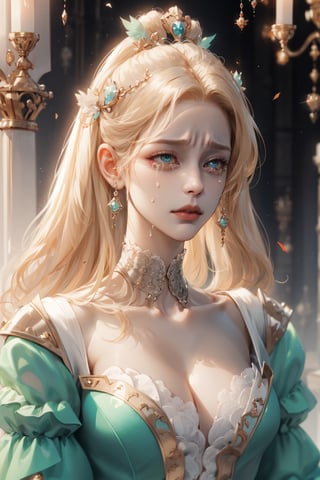 (asterpiece:1.2, best quality), (Soft light), (shiny skin), 1woman, eyelashes, evil face, cleavage, collarbone, victorian, tosca eyes, blonde_long_ hair, royalty background, crying, side look