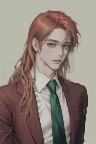 1.80 tall man with long ginger hair and green eyes,1guy, maroon suit, green tie, white shirt