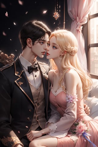 (asterpiece:1.2, best quality), (Soft light), (shiny skin), duo, kissing, 2person, couple_(romantic), man_short_black_hair, black_hair_boy, Black_hair, hateful look, 1man, 1girl, eye_lashes, collarbone, victorian, blue eyes, blonde_long_ hair_girl, black_short_hair_man, royalty background, sexual, flowers petals, french_kiss, sitting on the bed, kissing