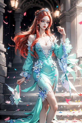 (asterpiece:1.2, best quality), (Soft light), (shiny skin), 1people,  ginger_hair, hateful look, ball party, kingdom, ballgown, eye_lashes, collarbone, victorian, blue eyes, red_long_ hair_girl, crowed, ball party, dancing, standing, holding campaigne, flowers petals,weiboZH,hll