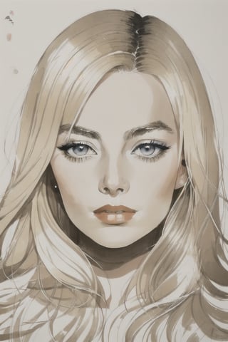 Portrait of Margot Robbie, blonde hair, Chinese ink wash painting, minimalistic painting, white background, contemporary art, wyy_style, 吴冠中
