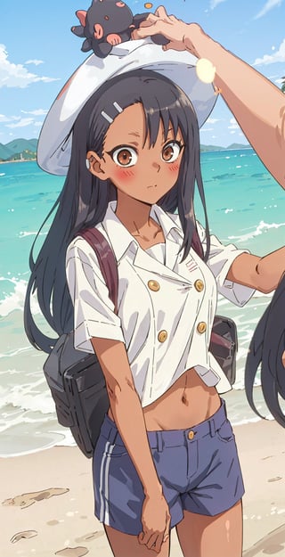 (({nagatoro_hayase_donttoywithmemissnagatoro}, black_hair, long_hair, dark-skinned_female, dark_skin, brown_eyes, hairclip, hair_ornament,)) , Amazingly cute (big breasted) high school girl, blonde, natural smile, big eyes, small T-shirt, belly button exposed, super shorts, very detailed.  Top quality, 4K, sharp focus.  Better hands, perfect anatomy.  beach