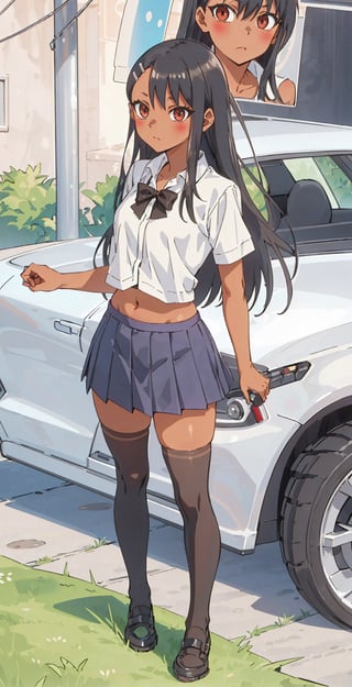 (({nagatoro_hayase_donttoywithmemissnagatoro}, black_hair, long_hair, dark-skinned_female, dark_skin, brown_eyes, hairclip, hair_ornament,)) , an anime style girl, 1girl, solo, midriff, red eyes, brown hair, hair ribbon, 2 ribbon, breasts, thighs,  school uniform, black clothes, short sleeve, pleated skirt, miniskirt, black thigh highs,  shoes, looking at viewer