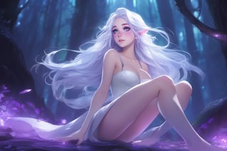 Grey-Purple skin, elf, long hair, white hair, wavy hair, flowing hair, violet eyes, cute, seductive look, expressive face, action pose, shy, elf ears, cinematic lighting, best quality, (((naked, legs open, pussy, exposed_Pussy, upskirt))), view from below, scenery, mushroom forest, magic forest, neon lighting, freckles, anime style, (Belle Delphine)