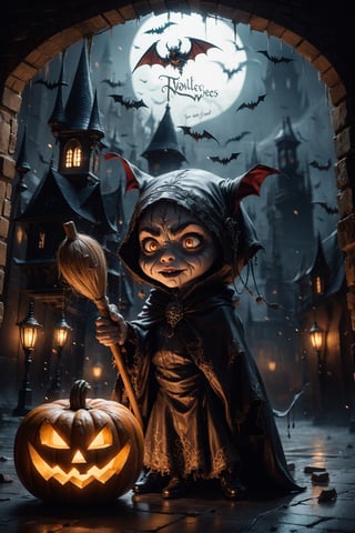 1girl,Poster, English text,, embers,gothic style,,, holloween party, Sony RX100 VII with Built-in 24-200mm f-2.8-4.5, vampire costume, pumkin, bat, broom, dynamic angle, gothic, castle, . dark, mysterious, haunting, dramatic, ornate, detailed,