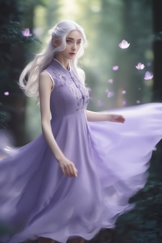 Grey-Purple skin, elf, long hair, white hair, wavy hair, flowing hair, violet eyes, cute, seductive look, expressive face, action pose, shy, elf ears, cinematic lighting, best quality, embroidered dress, scenery, mushroom forest, magic forest, neon lighting, freckles, dnd style