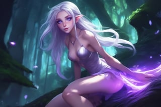 Grey-Purple skin, elf, long hair, white hair, wavy hair, flowing hair, violet eyes, cute, seductive look, expressive face, action pose, shy, elf ears, cinematic lighting, best quality, (((naked, legs open, pussy, exposed_Pussy, upskirt))), view from below, scenery, mushroom forest, magic forest, neon lighting, freckles, anime style, (Belle Delphine)