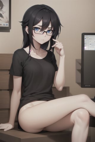 (masterpiece), best quality, expressive eyes, perfect face, (anime), (neet girl), (loser), (no pants), (black T-shirt), (dark hair), (pale skin), (computer), (grumpy), (tired), (glasses), (lonely), (dark room), (no panties), (sitting), (legs spread)