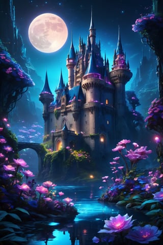 fairytale, mystical castle, night, bioluminescent flowers ,cyberpunk style