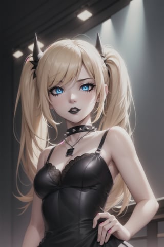 (masterpiece), best quality, expressive eyes, perfect face, (Misa Amane), (Death Note), best quality, cinematic, neon lighting, perfect anatomy, gothic, twintails, sexy, blonde hair, glimmering hair, black dress, pale skin, black lipstick, spiked choker, dark eyeliner, indoor, stage lights, detailed face, detailed eyes
