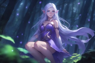 Grey-Purple skin, elf, long hair, white hair, wavy hair, flowing hair, violet eyes, cute, seductive look, expressive face, action pose, shy, elf ears, cinematic lighting, best quality, (((naked, legs open, pussy, exposed_Pussy, vagina, small breasts, perfect nipples, breasts_out, upskirt))), leaning, view from below, scenery, mushroom forest, magic forest, neon lighting, freckles, anime style, (Belle Delphine)